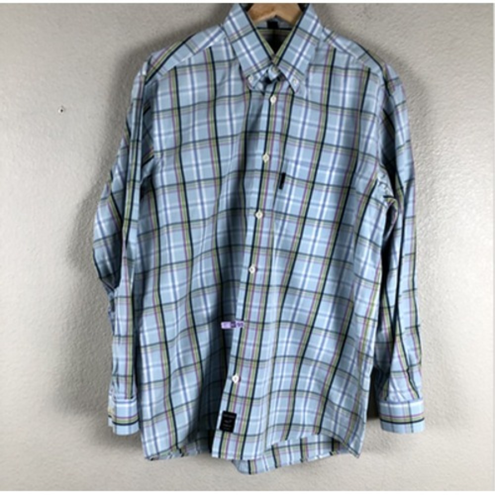 Giovanni Galli Shirt Mens Medium Blue Green Plaid Button Down Long‎ Sleeve Sport